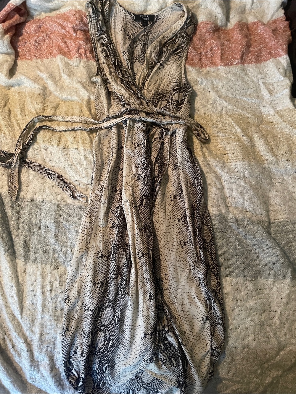 Sleeveless Snake-Print Wrap Dress in Beige by Petite Sophisticate
